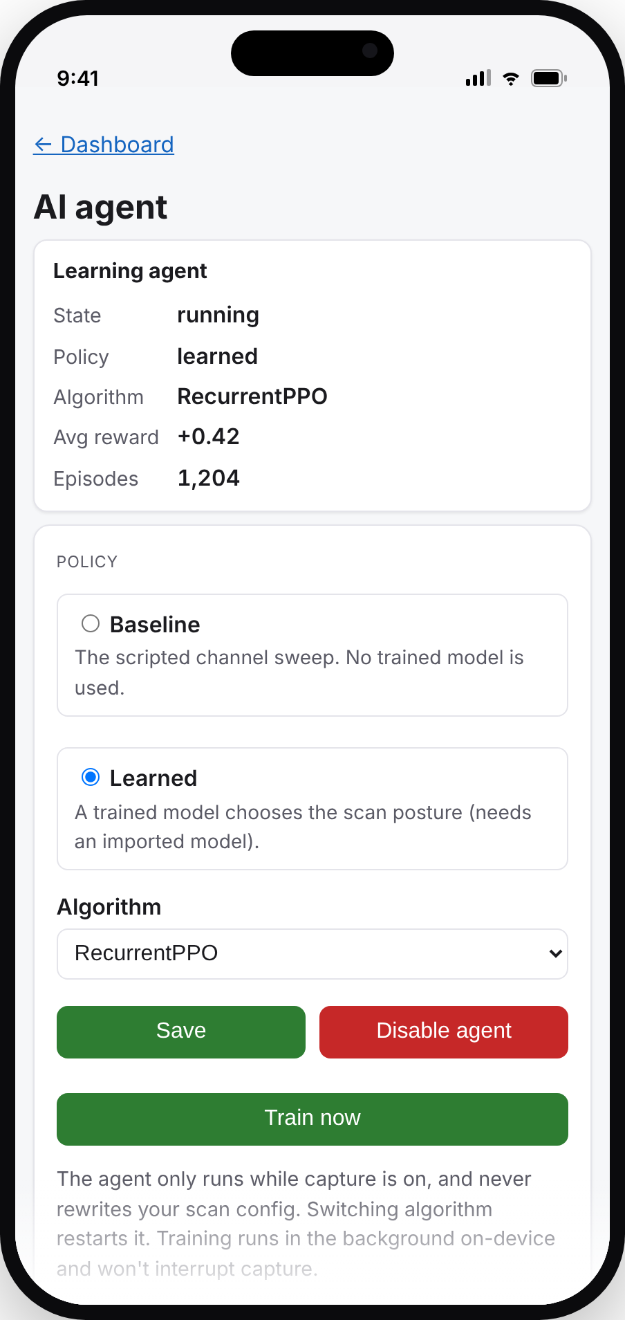 The learning agent’s own page on the device — policy, status and controls, all server-rendered.