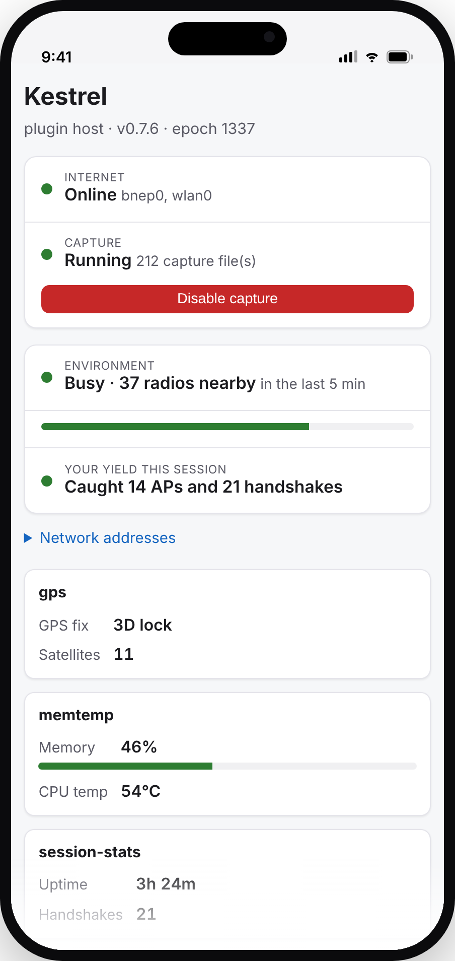 The whole dashboard, served straight from the device to a phone — no app store, no cloud.