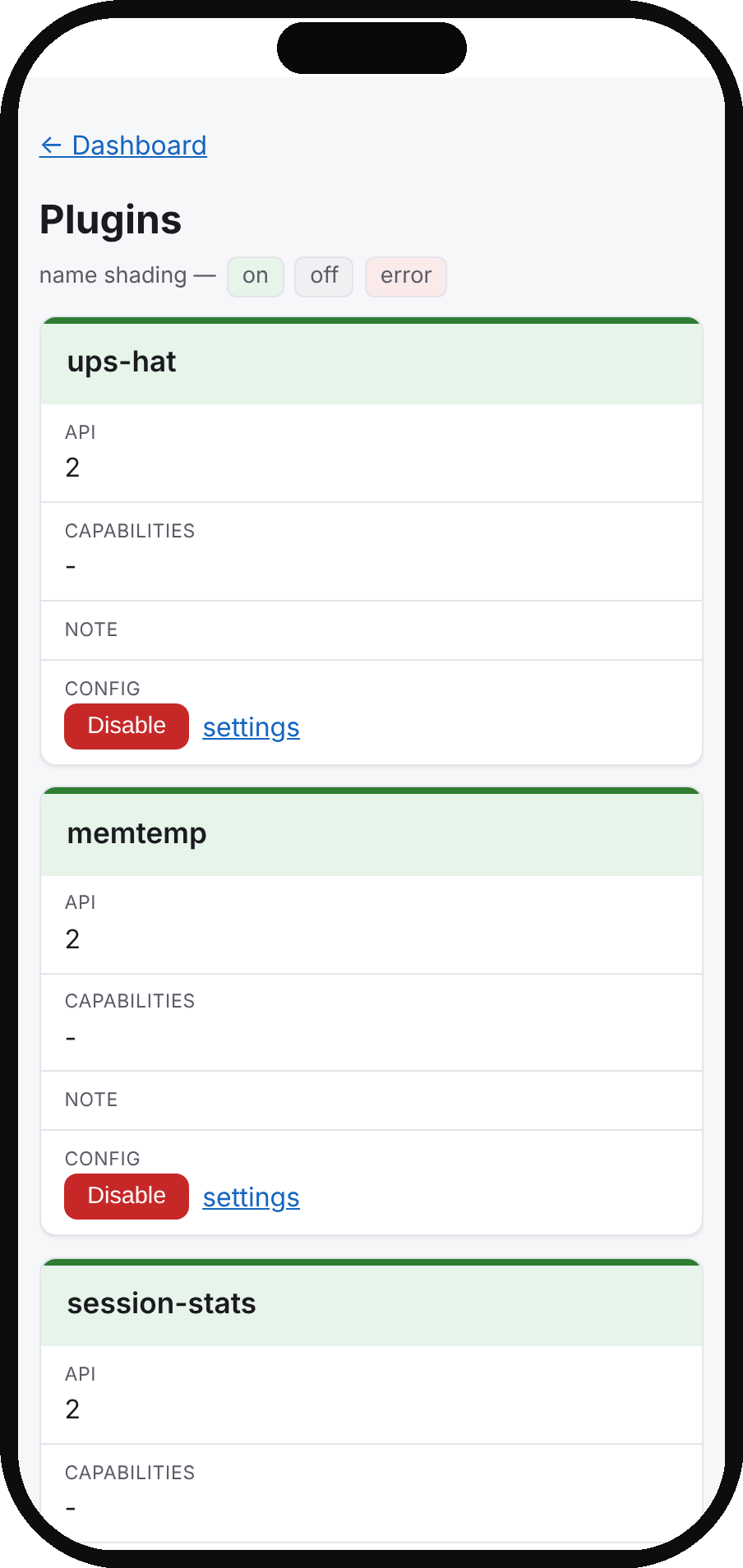 The Plugins page — enable, disable and open each plugin.