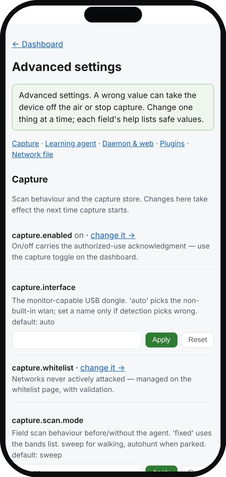 Kestrel settings screen