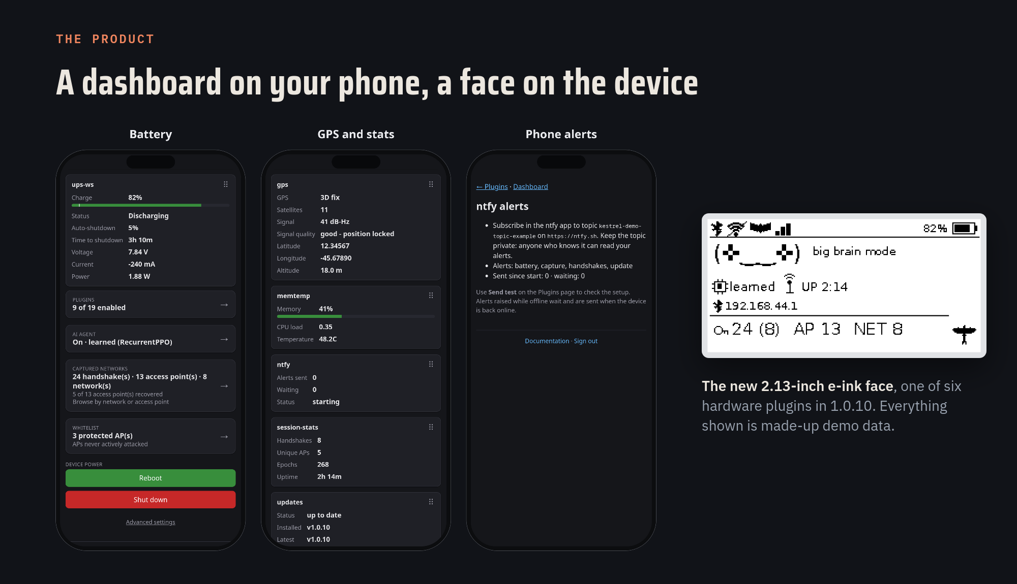 The Kestrel dashboard on a phone and its e-ink face, from demo data.