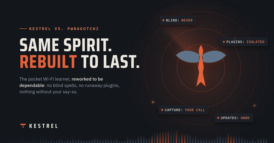 The Kestrel mark, a hovering kestrel, at the centre of radar rings, beside the headline "Same spirit. Rebuilt to last."